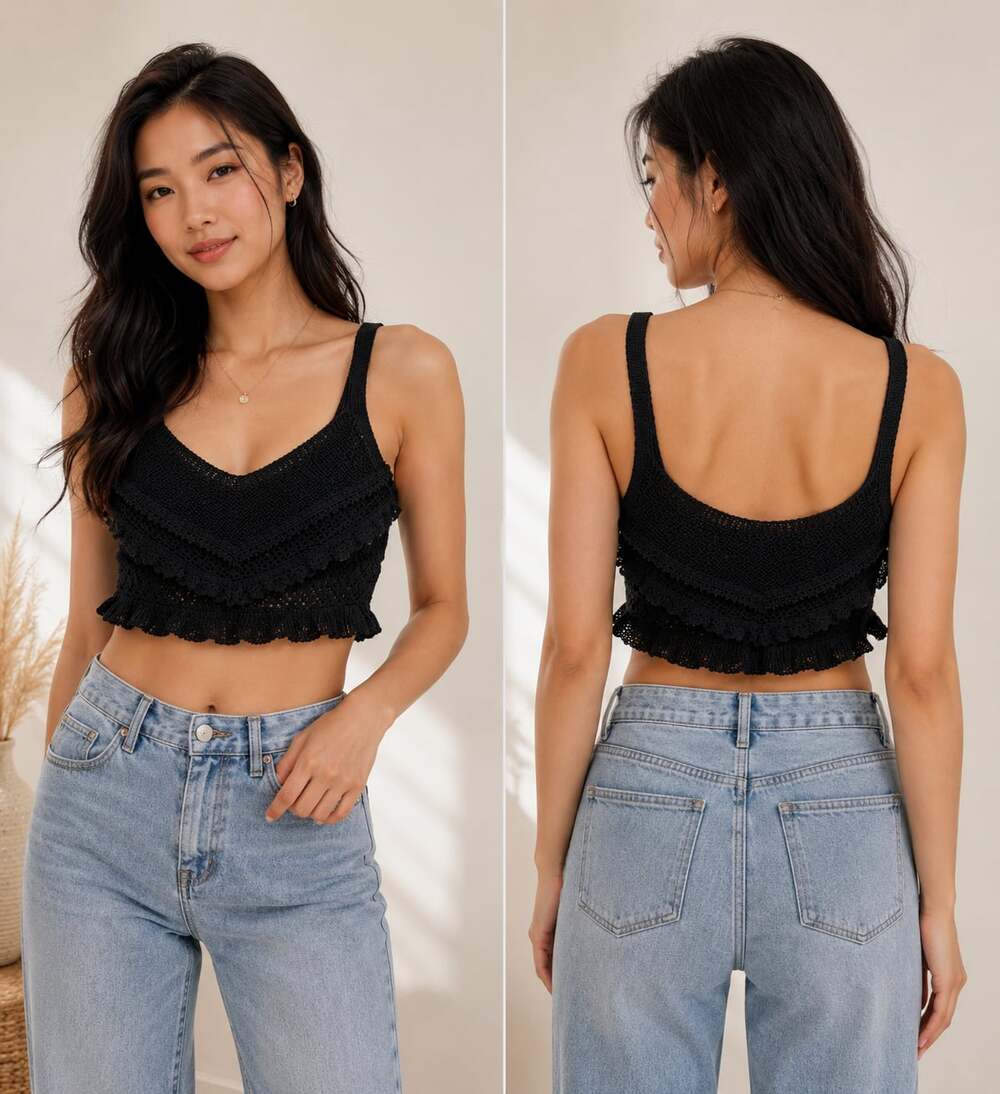 Zara Black Knit Ruffle Crochet-Look Crop Tank Top